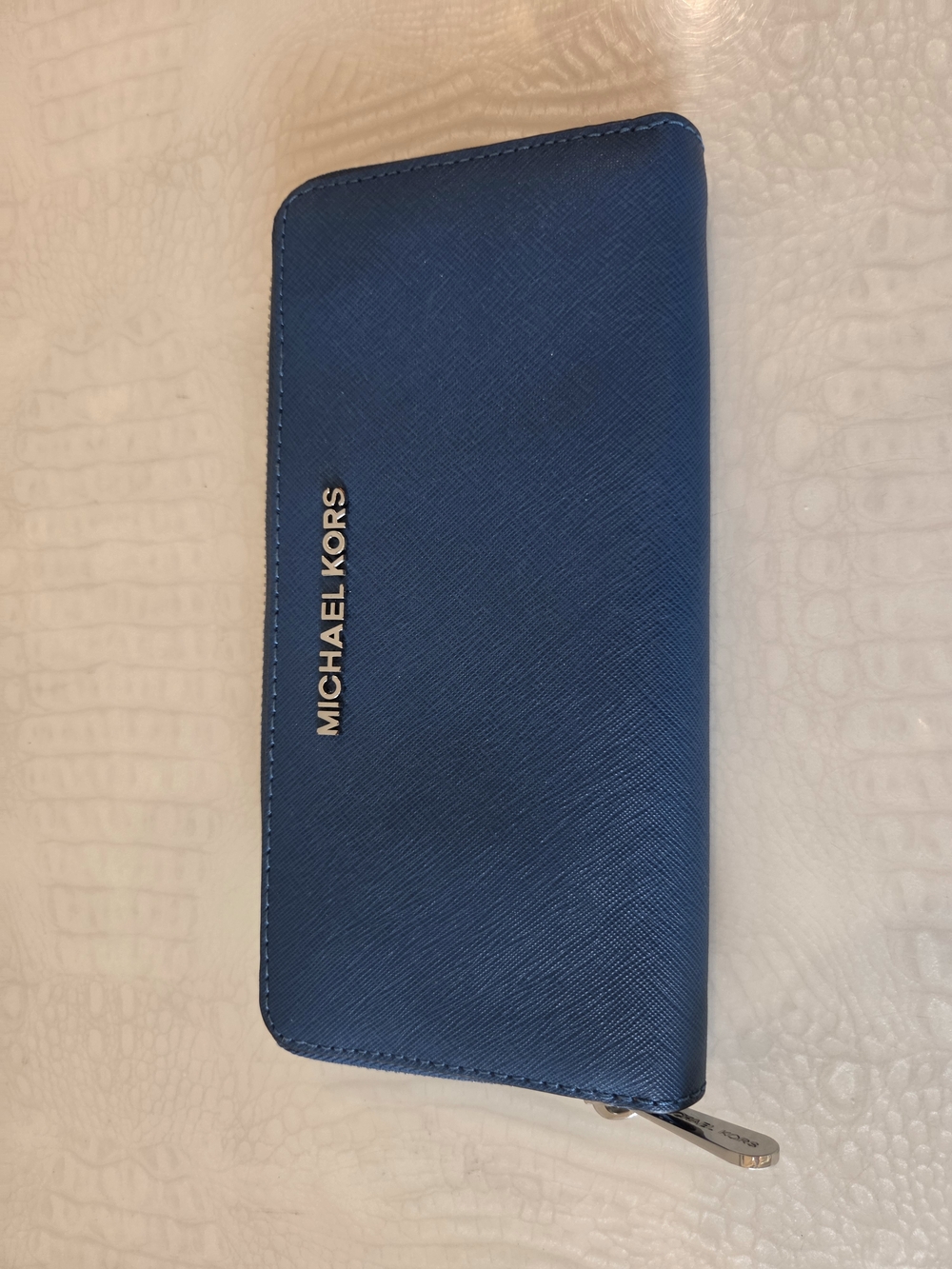 Michael Kors Blue Saffiano Leather Zip Around Continental Wallet Silver